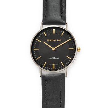 Relógio bracelete  preta pele Milão com esfera preta  e dourada