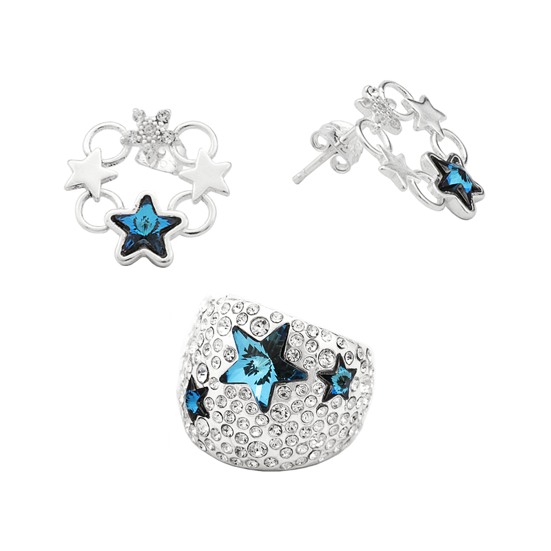 Kit  de anel e brincos estrelas azuis prata