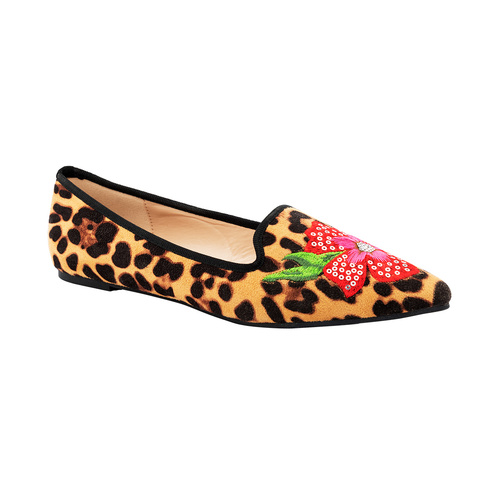 Sapato tipo bailarina print leopardo com flores bordadas
