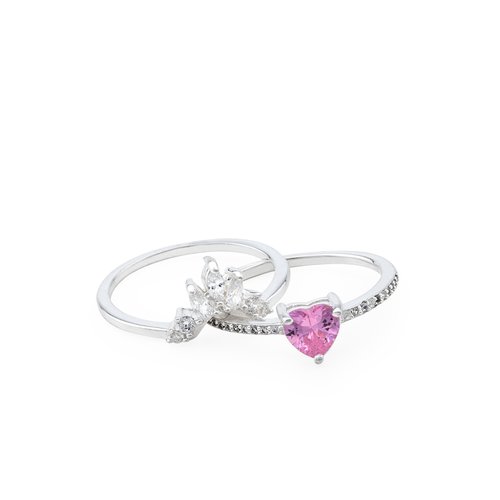 Kit 2 anéis coração cor-de-rosa de prata