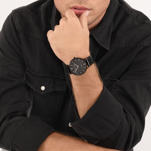 Relógio bracelete preta pele Milão com esfera preta