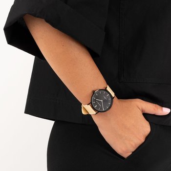 Relógio bracelete bege pele Canárias com esfera preta