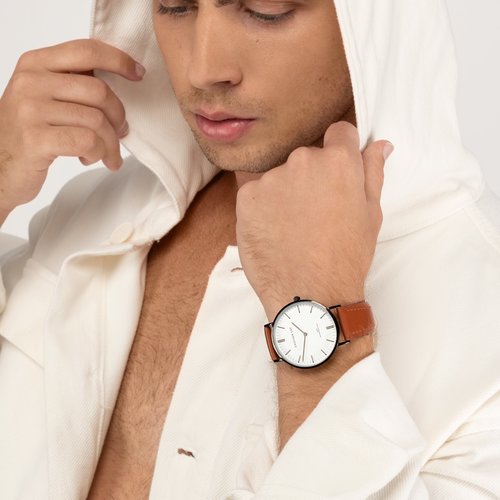 Relógio bracelete castanha pele Sevilha com esfera preta e branca