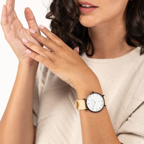 Relógio bracelete bege pele Canárias com esfera branca e preta